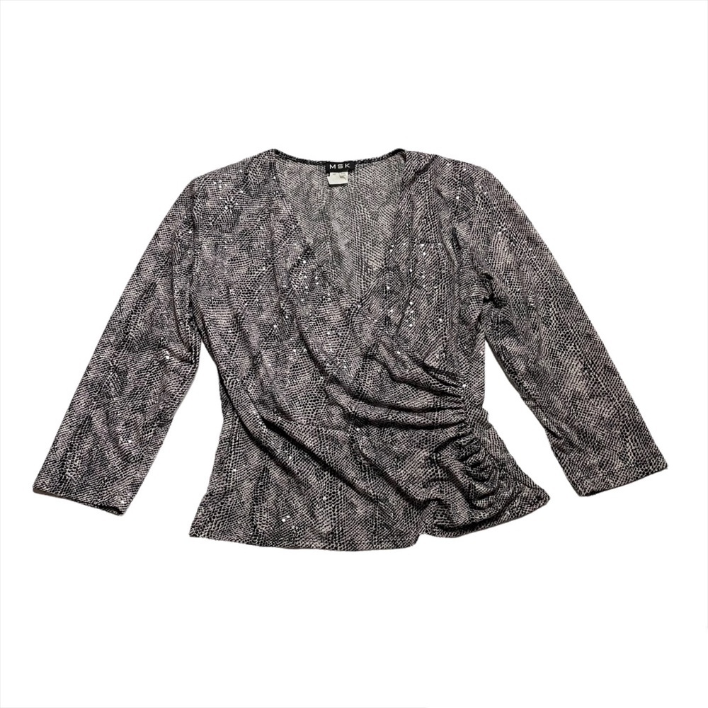 MSK Faux Wrap V Neck Sequin Blouse w/ Shoulder Pads Size Medium Office